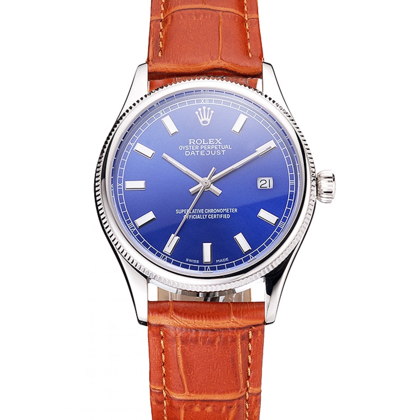Aaa replica watch Case Leather Datejust Stainless Blue Swiss Brown Dial Steel Strap Rolex Light 0816